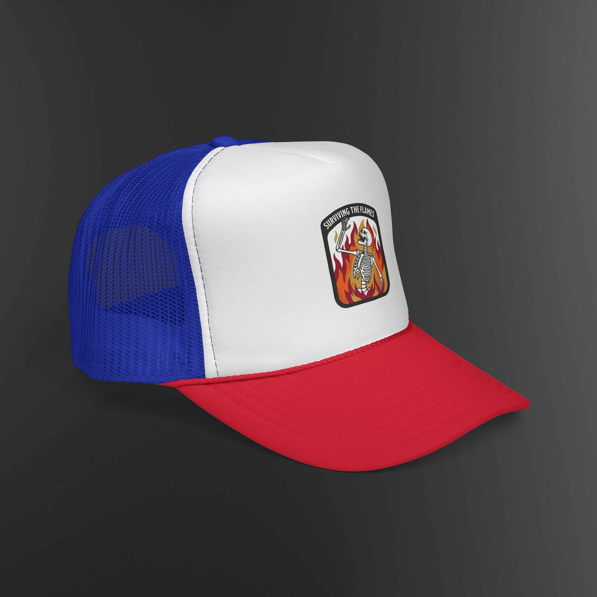 Screaming Flame Skeleton trucker cap | fire badge patch design