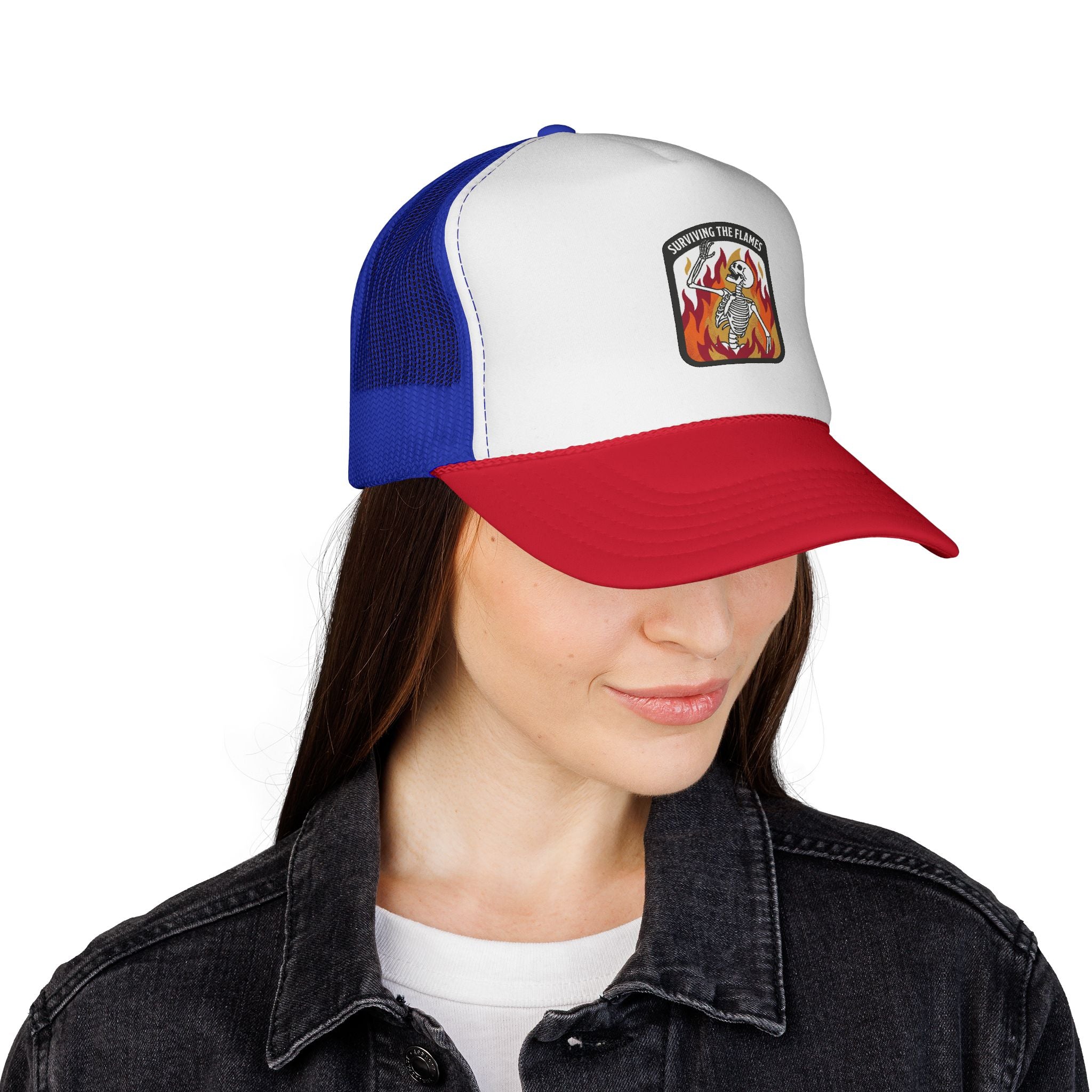 Screaming Flame Skeleton trucker cap | fire badge patch design