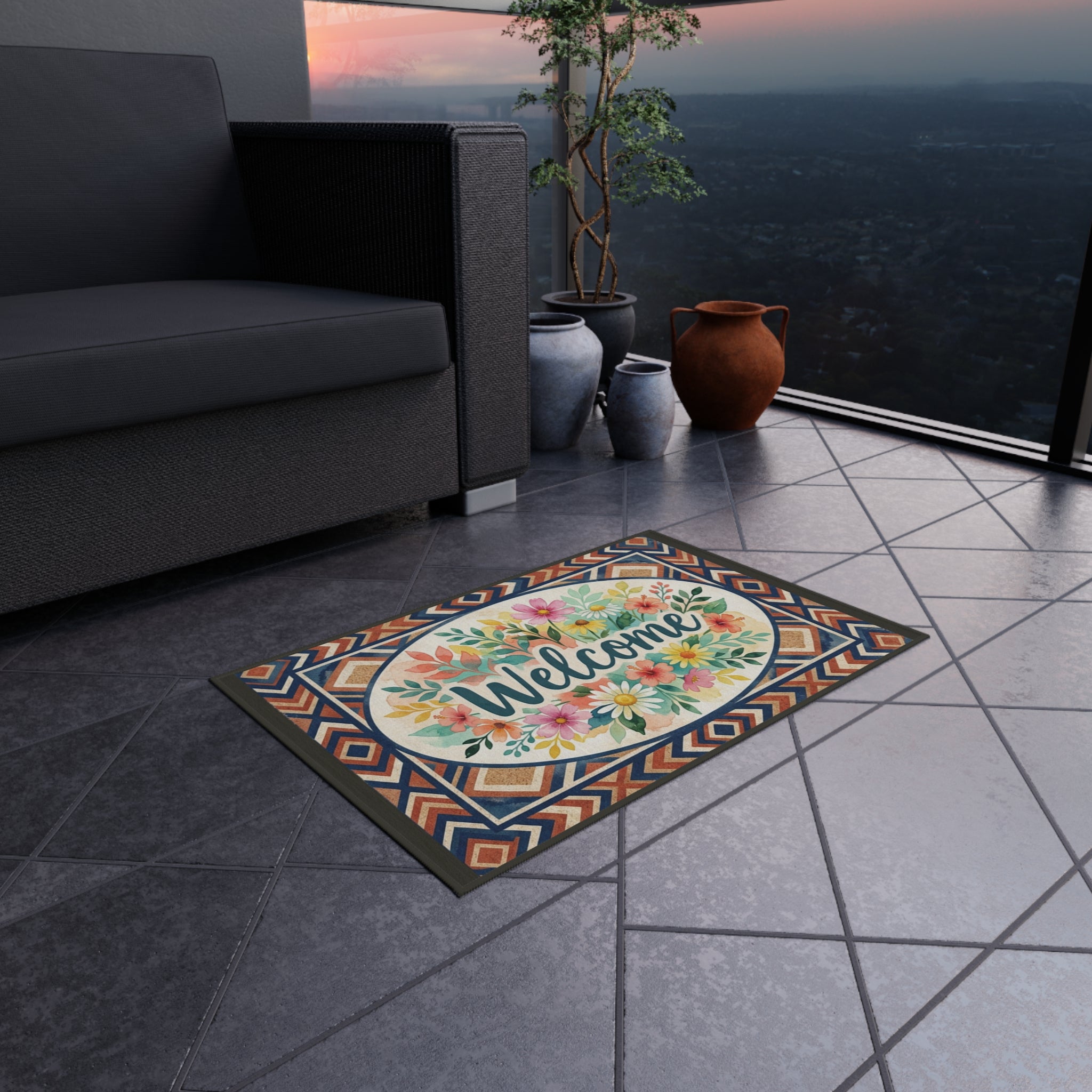 Floral Welcome Outdoor Rug | Watercolor Flowers Doormat