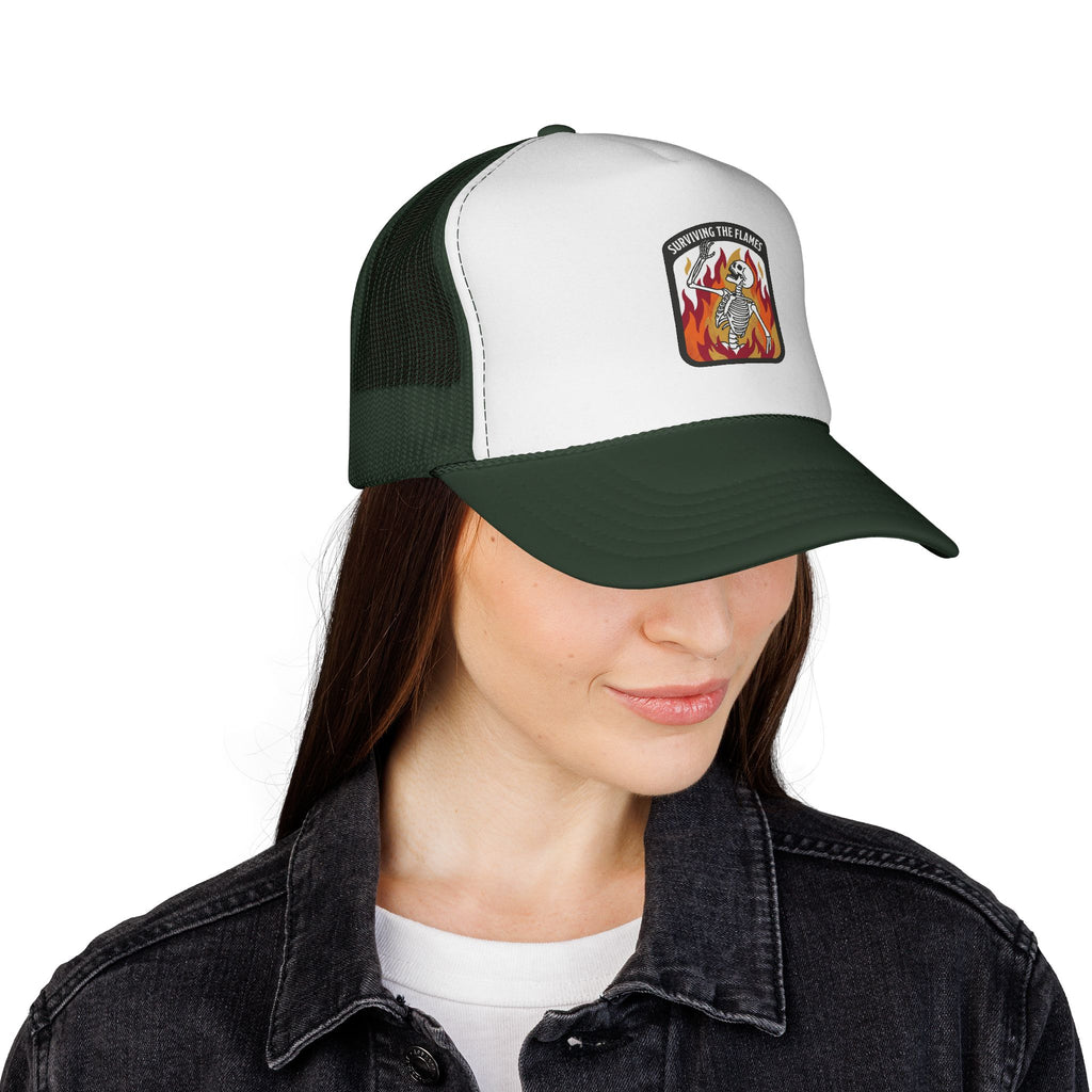 Screaming Flame Skeleton trucker cap | fire badge patch design