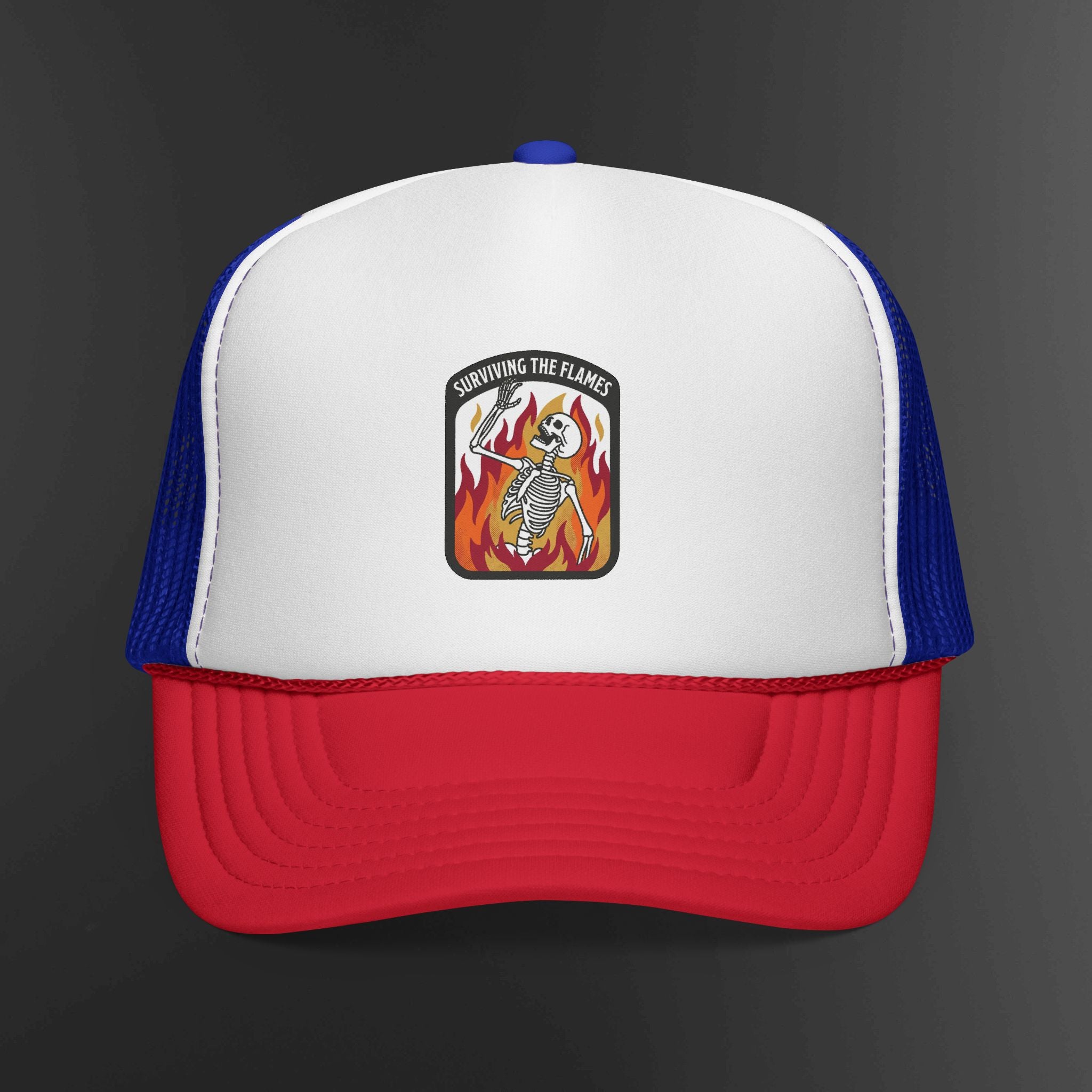 Screaming Flame Skeleton trucker cap | fire badge patch design
