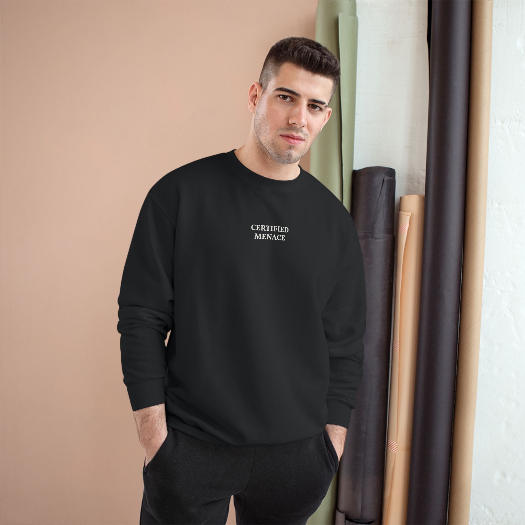 Certified Menace Sweatshirt | Minimalist Small Chest Text, White Crewneck