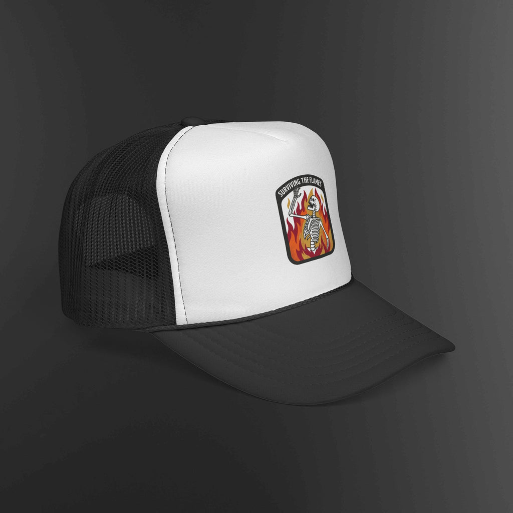Screaming Flame Skeleton trucker cap | fire badge patch design