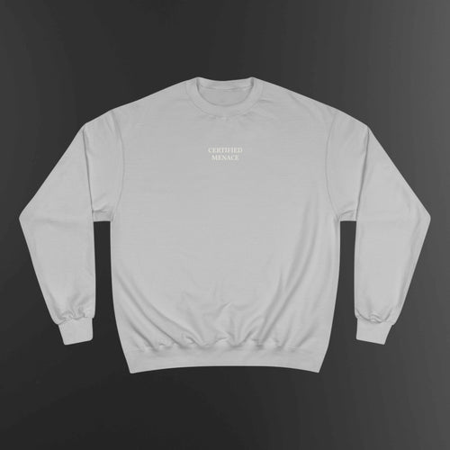Certified Menace Sweatshirt | Minimalist Small Chest Text, White Crewneck
