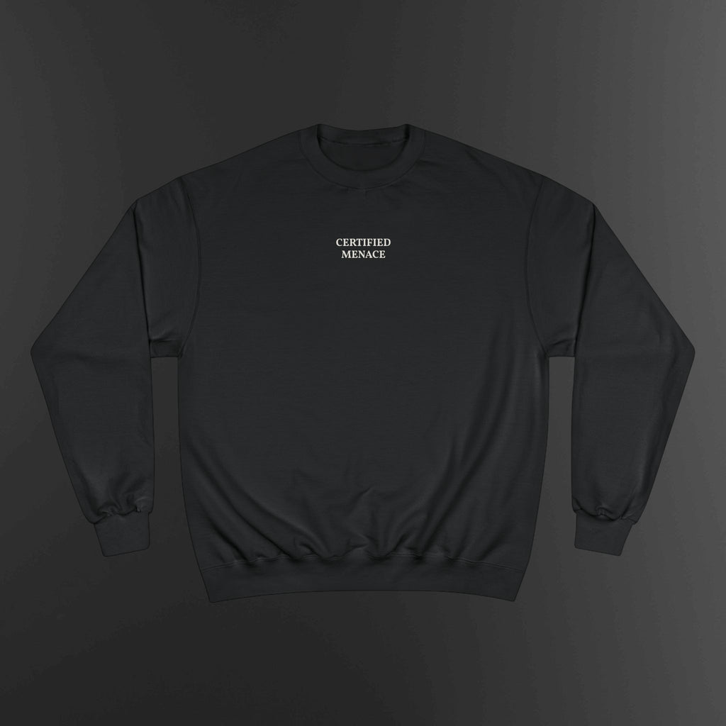 Certified Menace Sweatshirt | Minimalist Small Chest Text, White Crewneck