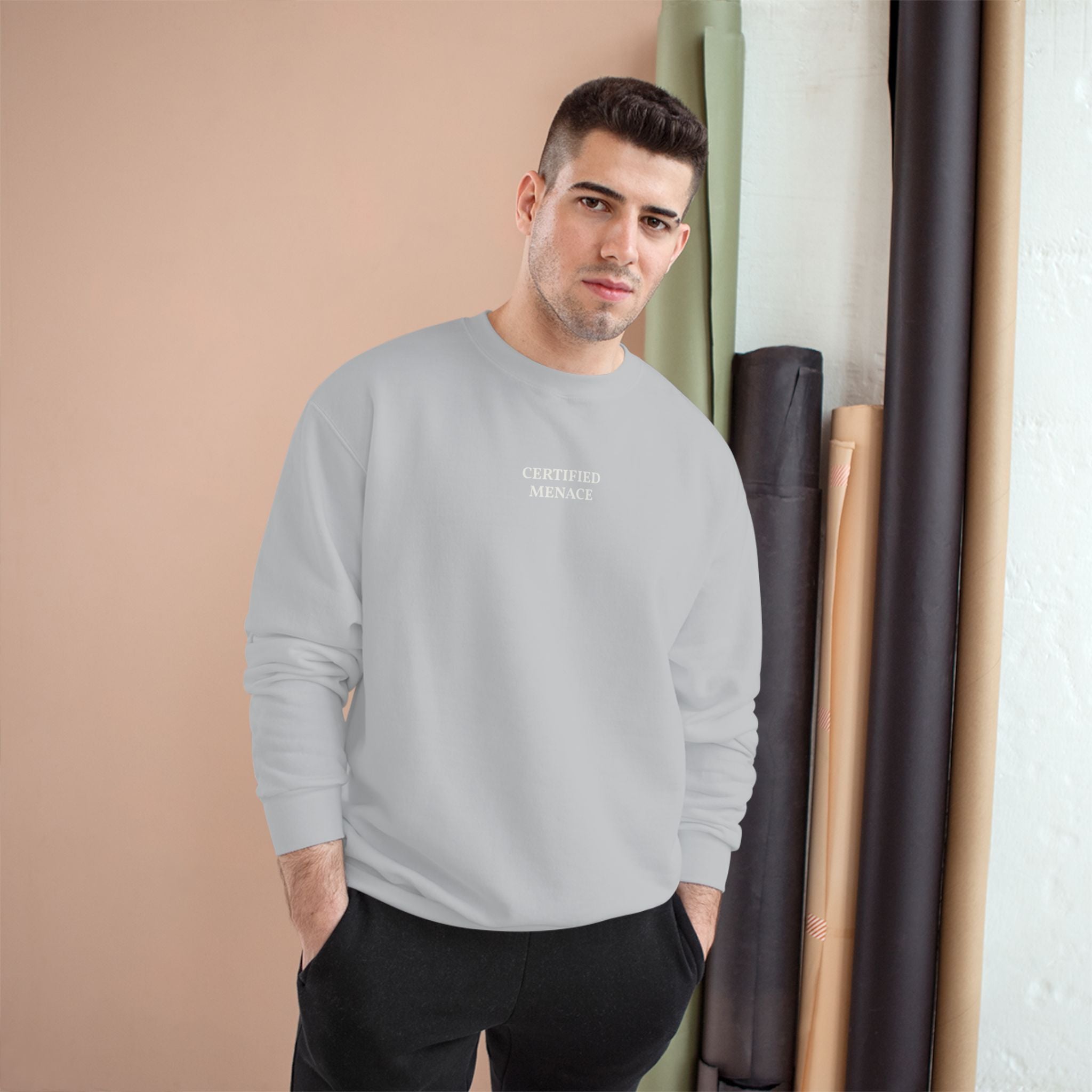 Certified Menace Sweatshirt | Minimalist Small Chest Text, White Crewneck