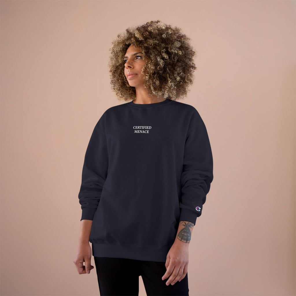 Certified Menace Sweatshirt | Minimalist Small Chest Text, White Crewneck