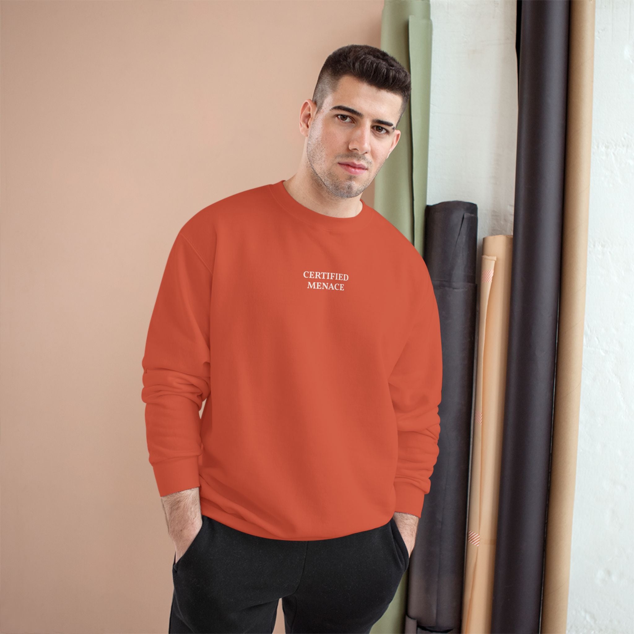Certified Menace Sweatshirt | Minimalist Small Chest Text, White Crewneck