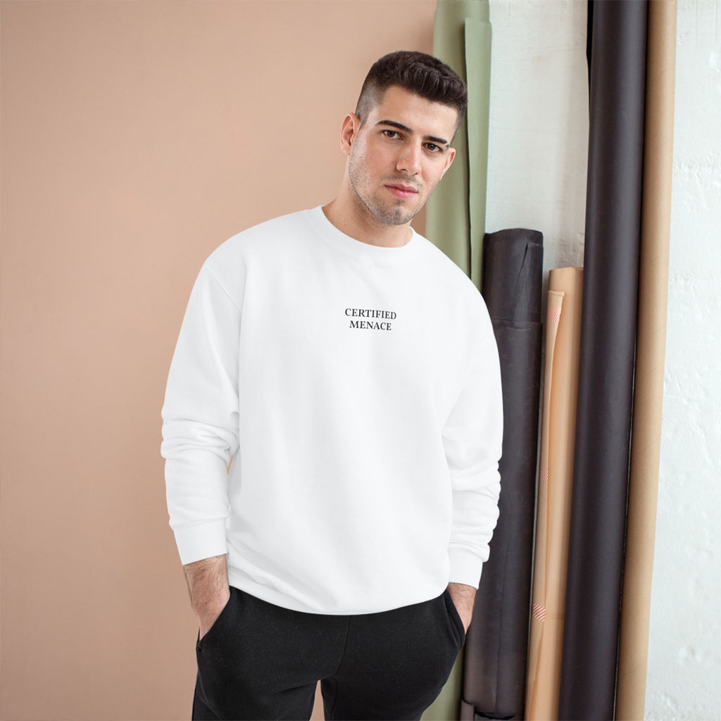 Certified Menace Sweatshirt | Minimalist Small Chest Text, White Crewneck