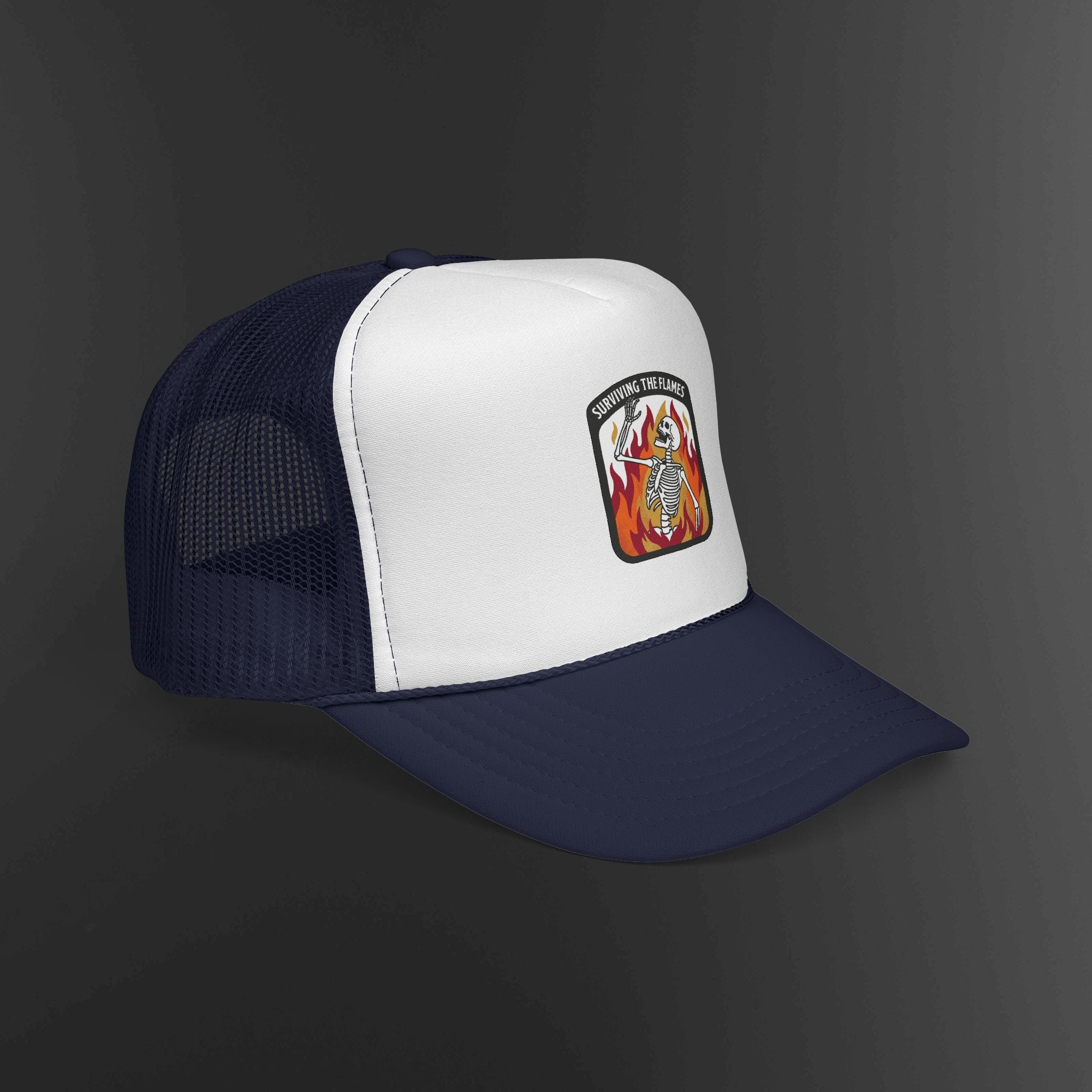Screaming Flame Skeleton trucker cap | fire badge patch design