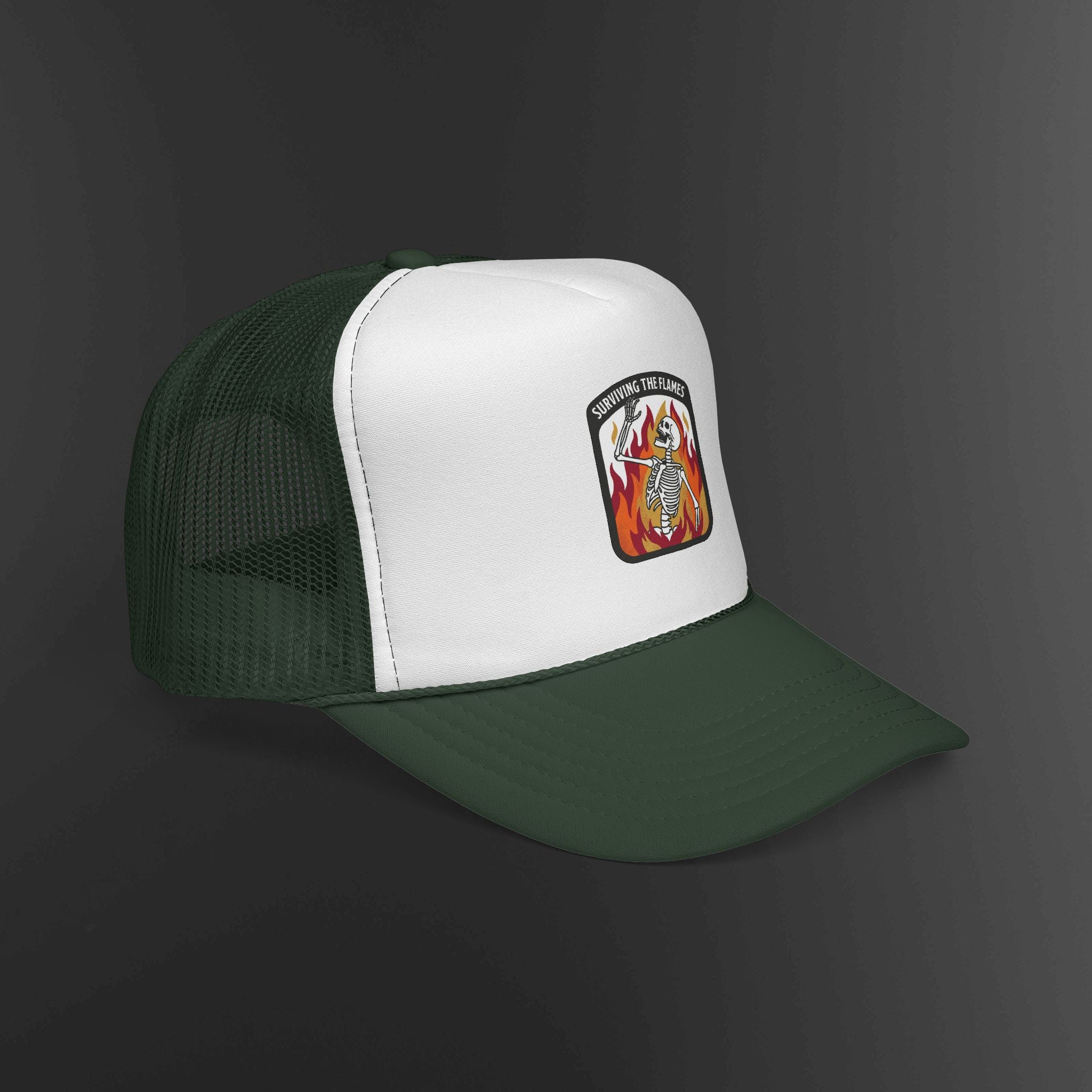 Screaming Flame Skeleton trucker cap | fire badge patch design