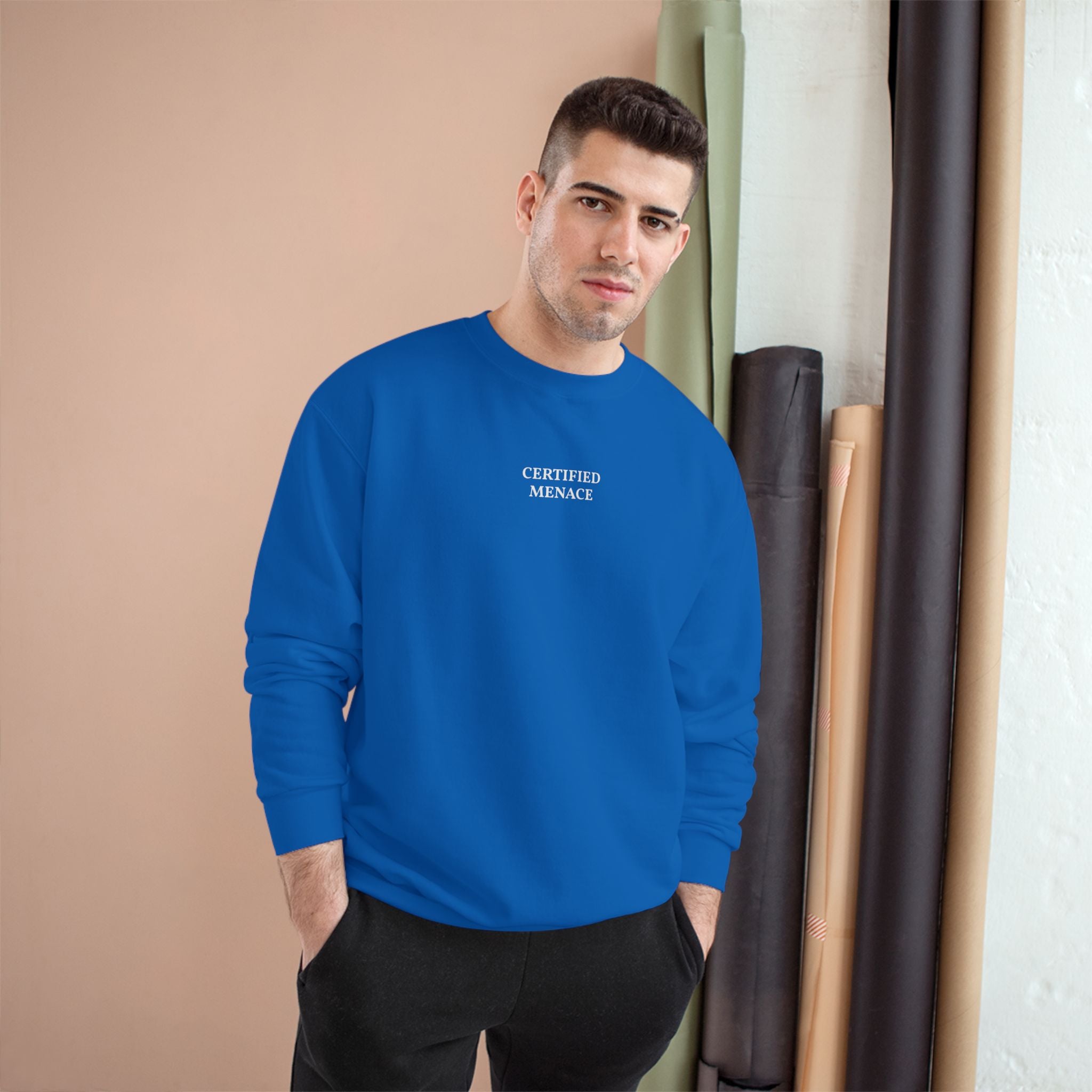 Certified Menace Sweatshirt | Minimalist Small Chest Text, White Crewneck