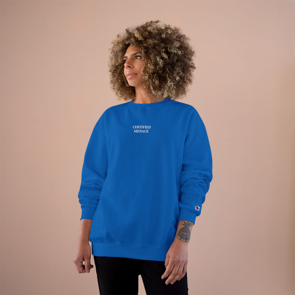 Certified Menace Sweatshirt | Minimalist Small Chest Text, White Crewneck
