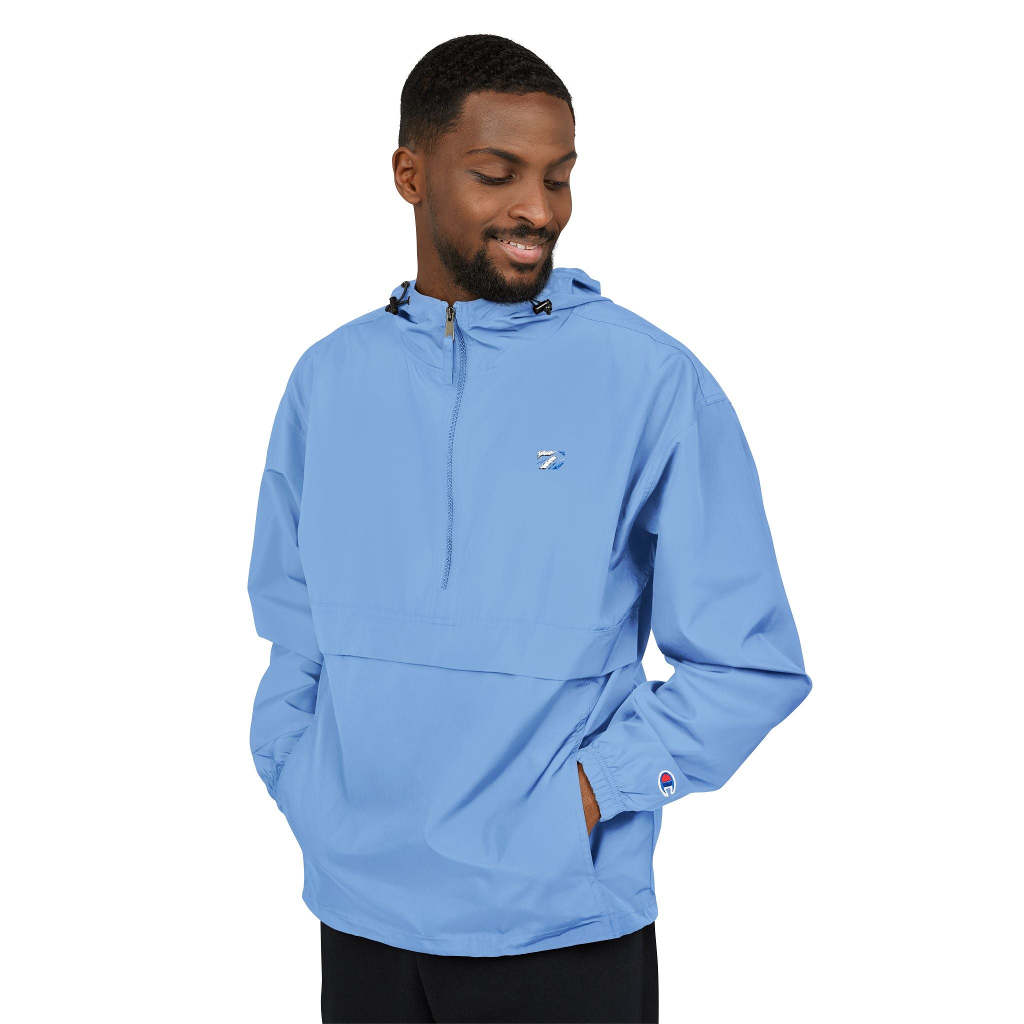 Light Blue Packable Anorak Jacket – Minimal Crest Hooded Windbreaker