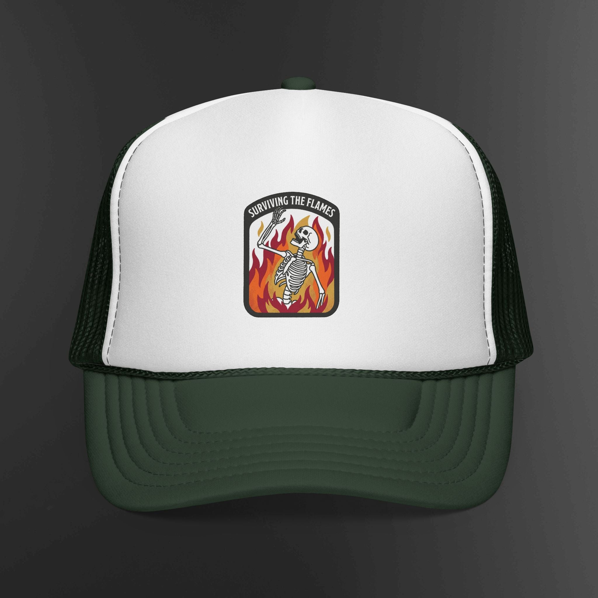 Screaming Flame Skeleton trucker cap | fire badge patch design