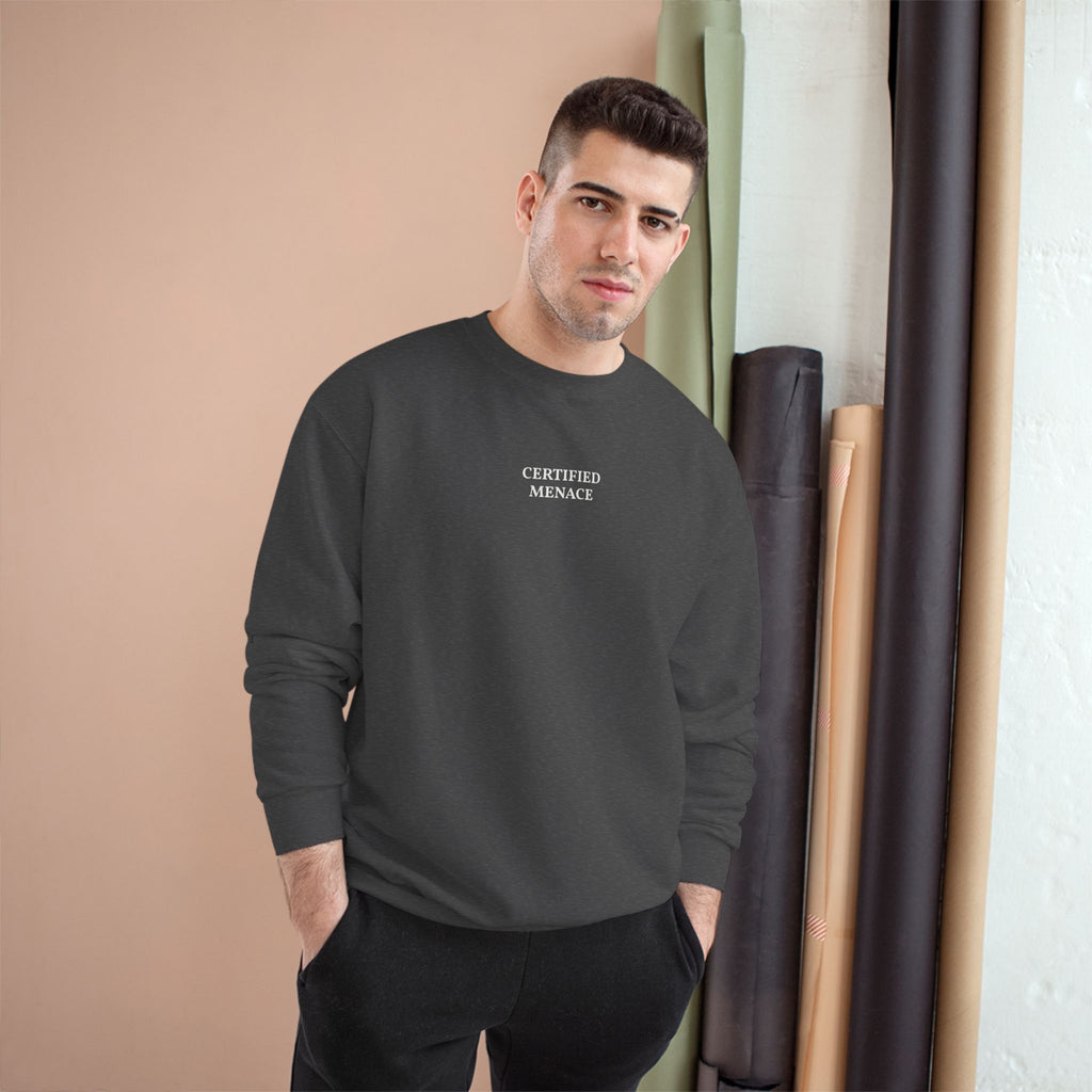 Certified Menace Sweatshirt | Minimalist Small Chest Text, White Crewneck