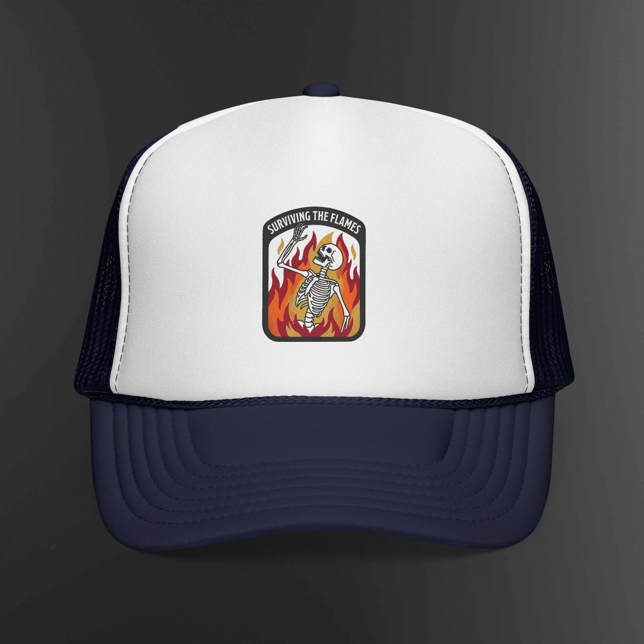 Screaming Flame Skeleton trucker cap | fire badge patch design