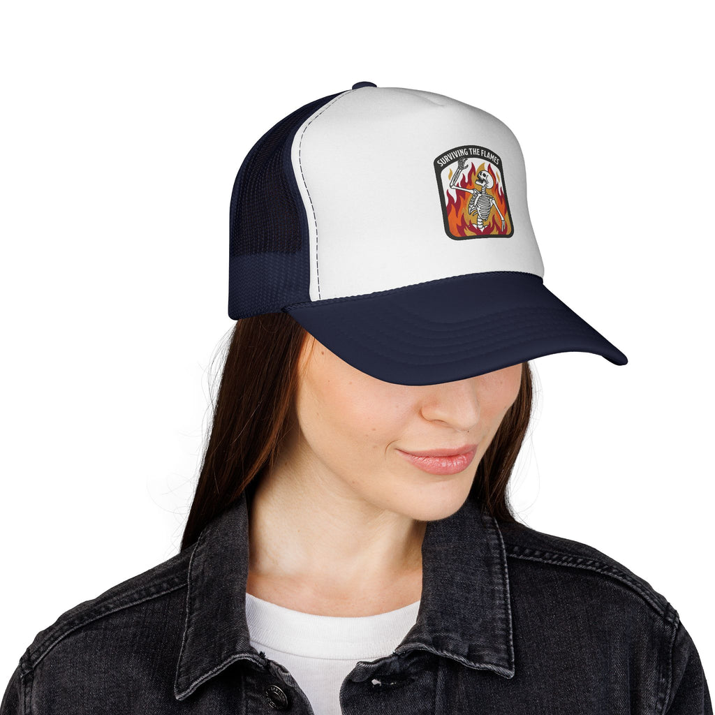 Screaming Flame Skeleton trucker cap | fire badge patch design