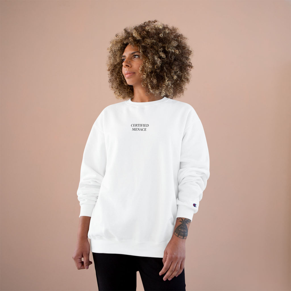 Certified Menace Sweatshirt | Minimalist Small Chest Text, White Crewneck