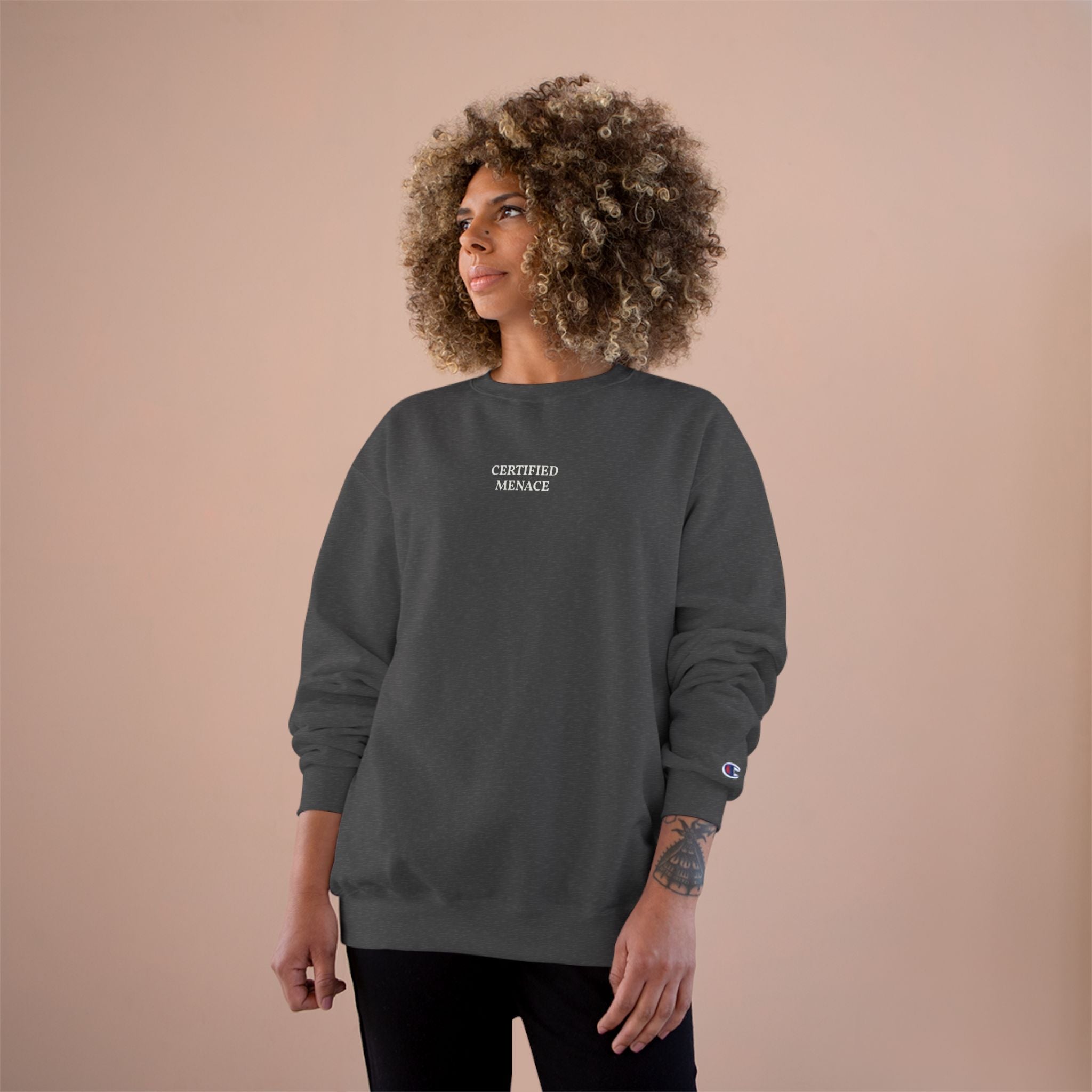 Certified Menace Sweatshirt | Minimalist Small Chest Text, White Crewneck