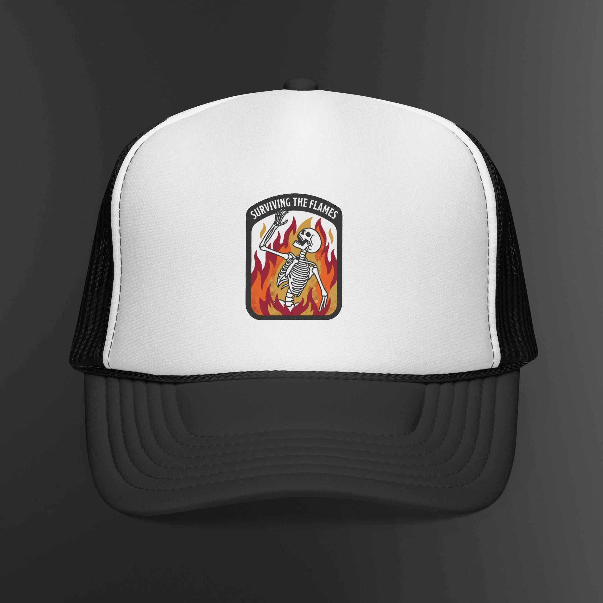 Screaming Flame Skeleton trucker cap | fire badge patch design