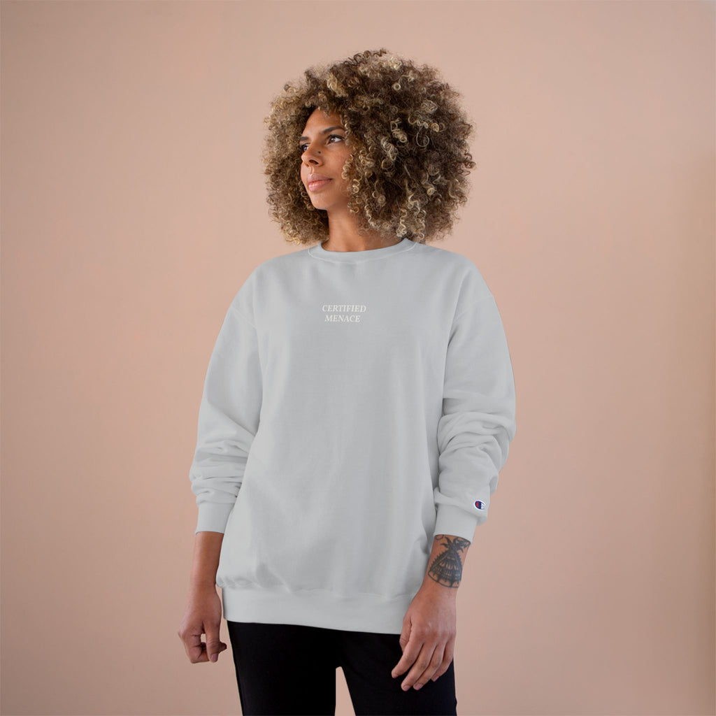 Certified Menace Sweatshirt | Minimalist Small Chest Text, White Crewneck